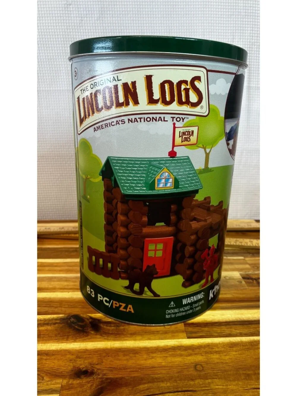 Lincoln Logs, made in the USA, includes can for storage, circa 2017